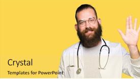  Presentation with medical smiling doctor - Amazing PPT theme having young blond doctor man backdrop and a  colored foreground