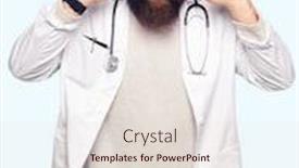  Presentation with medical ear - Presentation design with young blond doctor man with beard wearing medical coat trying to hear both hands on ear gesture curious for gossip hearing problem deaf background and a lemonade colored foreground