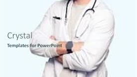  Presentation with medical smiling doctor - PPT layouts with young blond doctor man with beard wearing medical coat smiling looking to the side with arms crossed convinced and confident background and a cool aqua colored foreground