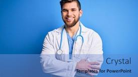  Presentation with being new doctor - PPT theme featuring young-blond-doctor-man background and a teal colored foreground