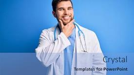  Presentation with blue eyes - Cool new slide deck with young-blond-doctor-man backdrop and a light blue colored foreground