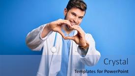  Presentation with being new doctor - Cool new PPT theme with young-blond-doctor-man backdrop and a light blue colored foreground