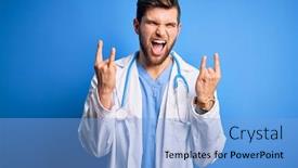  Presentation with rock star - Colorful slide deck enhanced with young-blond-doctor-man backdrop and a light blue colored foreground