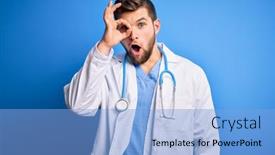  Presentation with eye doctor - PPT theme enhanced with young-blond-doctor-man background and a light blue colored foreground