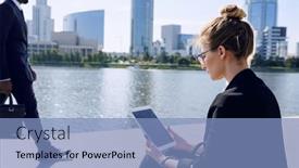  Presentation with elegant - Presentation design enhanced with young-blond-elegant-businesswoman background and a light blue colored foreground