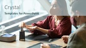  Presentation with hand sanitizer - Slide set consisting of young-blond-female-in-smart background and a sky blue colored foreground