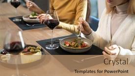  Presentation with red wine cheese - PPT theme consisting of young-blond-female-in-smart background and a coral colored foreground