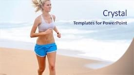  Presentation with female and beach - PPT theme having young blond female runs along background and a sky blue colored foreground