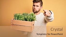 Presentation with blue eyes - PPT layouts consisting of young-blond-gardener-man background and a coral colored foreground