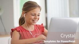  Presentation with red - Cool new PPT theme with young-blond-girl-with-red backdrop and a coral colored foreground