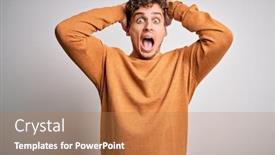  Presentation with curly hair - Amazing PPT theme having young-blond-handsome-man backdrop and a coral colored foreground