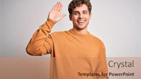  Presentation with curly hair - Amazing PPT theme having young-blond-handsome-man backdrop and a coral colored foreground