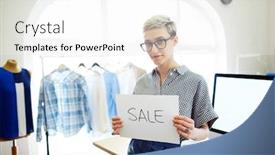  Presentation with announcing - Slides consisting of young blond holding sheet of paper announcing sale in her own tailoring shop background and a white colored foreground