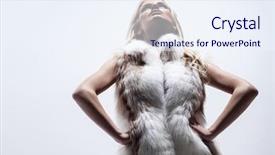  Presentation with lady - Presentation theme having young blond lady in fur coat posing on white background background and a sky blue colored foreground
