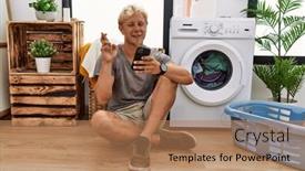  Presentation with laundry - Presentation theme consisting of young-blond-man-doing-laundry background and a coral colored foreground