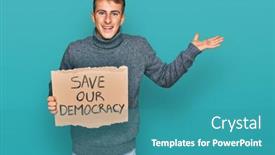  Presentation with democracy - Presentation theme enhanced with young-blond-man-holding-save background and a teal colored foreground