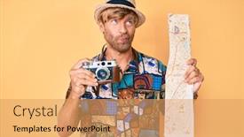  Presentation with map vintage - Cool new slides with young-blond-man-holding-vintage backdrop and a yellow colored foreground