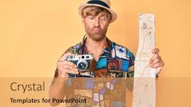  Presentation with map vintage - Presentation theme having young-blond-man-holding-vintage background and a yellow colored foreground