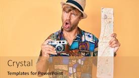  Presentation with map vintage - Colorful slides enhanced with young-blond-man-holding-vintage backdrop and a yellow colored foreground