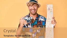  Presentation with city map - Colorful slide set enhanced with young-blond-man-holding-vintage backdrop and a yellow colored foreground