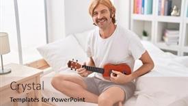  Presentation with ukulele - PPT layouts enhanced with young-blond-man-playing-ukulele background and a coral colored foreground