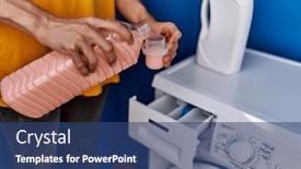  Presentation with laundry detergent - PPT theme having young-blond-man-pouring-detergent background and a ocean colored foreground