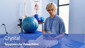  Presentation with rehab clinic - PPT layouts featuring young-blond-man-pysiotherapist-reading background and a teal colored foreground