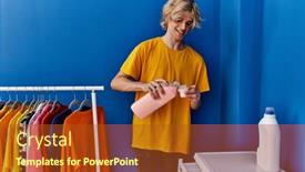  Presentation with laundry detergent - Slide deck having young-blond-man-smiling-confident background and a crimson colored foreground