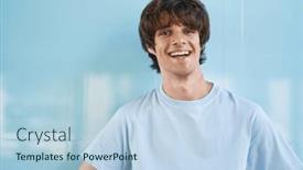  Presentation with prehistoric man - Slide deck having young-blond-man-smiling-confident background and a  colored foreground