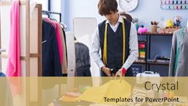  Presentation with clothing factory - Presentation design with young-blond-man-tailor-cutting background and a  colored foreground