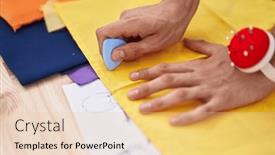  Presentation with clothing factory - Presentation theme having young-blond-man-tailor-make background and a lemonade colored foreground