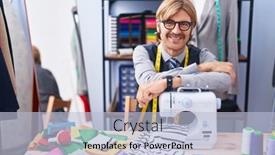  Presentation with clothing factory - PPT layouts enhanced with young-blond-man-tailor-smiling background and a light blue colored foreground