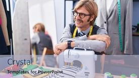  Presentation with factory machine - Slide set with young-blond-man-tailor-smiling background and a light blue colored foreground