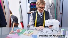  Presentation with factory machine - PPT theme consisting of young-blond-man-tailor-smiling background and a light blue colored foreground