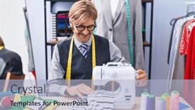  Presentation with factory machine - Presentation with young-blond-man-tailor-smiling background and a light blue colored foreground