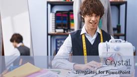  Presentation with factory machine - Presentation theme having young-blond-man-tailor-smiling background and a light blue colored foreground
