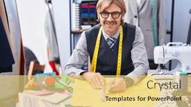 Presentation with clothing factory - Presentation design having young-blond-man-tailor-smiling background and a yellow colored foreground