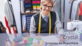  Presentation with clothing factory - Slide set having young-blond-man-tailor-smiling background and a light blue colored foreground