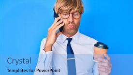  Presentation with coffee cup - Colorful slides enhanced with young-blond-man-talking backdrop and a light blue colored foreground