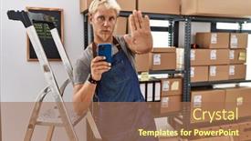  Presentation with hand palm - Slide deck having young-blond-man-using-smartphone background and a coral colored foreground