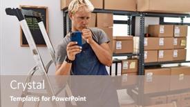  Presentation with health-care - PPT theme consisting of young-blond-man-using-smartphone background and a coral colored foreground