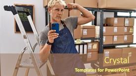  Presentation with smartphone - Slides featuring young-blond-man-using-smartphone background and a  colored foreground