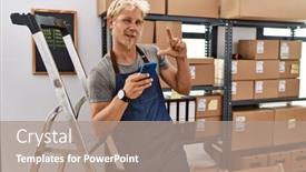  Presentation with smartphone - PPT theme enhanced with young-blond-man-using-smartphone background and a coral colored foreground