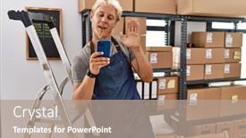  Presentation with saying - PPT theme with young-blond-man-using-smartphone background and a coral colored foreground