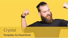  Presentation with fitness - Presentation design having young blond man wearing casual t-shirt showing arms muscles smiling proud fitness concept background and a yellow colored foreground