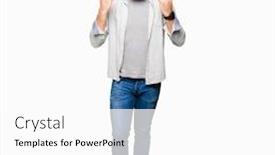  Presentation with rock star - Presentation having young blond man wearing glasses shouting with crazy expression doing rock symbol with hands up music star heavy concept background and a white colored foreground