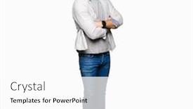  Presentation with elegant man in glasses optics - Presentation design enhanced with young blond man wearing glasses smiling looking to the side with arms crossed convinced and confident background and a white colored foreground