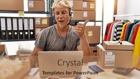  Presentation with working - Slide set enhanced with young-blond-man-wearing-operator background and a coral colored foreground