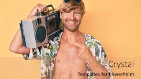  Presentation with boom box - Amazing slides having young-blond-man-wearing-summer backdrop and a coral colored foreground