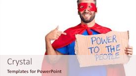  Presentation with super power - Presentation theme consisting of young-blond-man-wearing-super background and a sky blue colored foreground